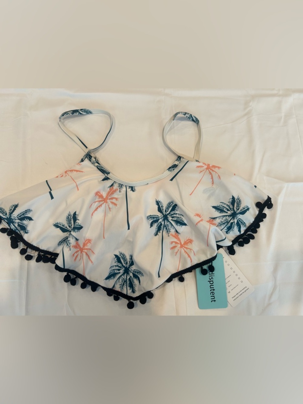 White Palm Print Ruffle Tankini Top with Black Pom Trim